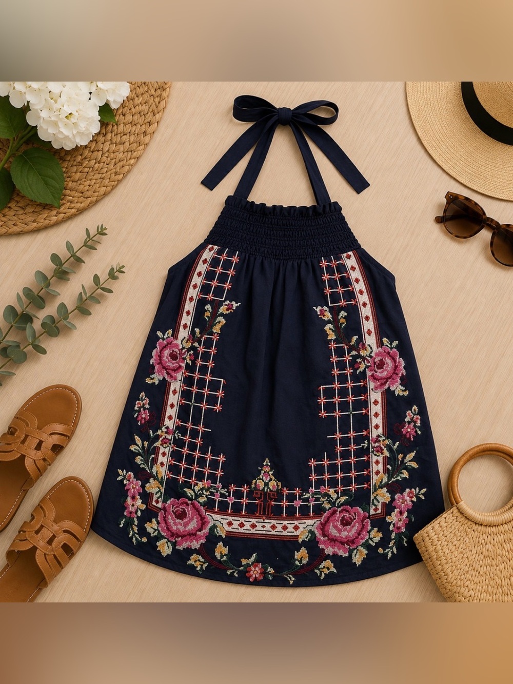 Free People Navy Floral Embroidery top size XS